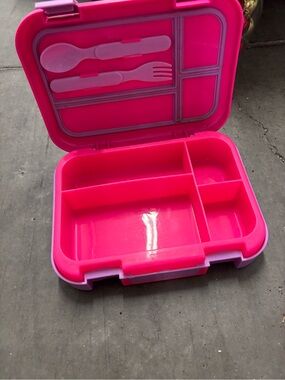 Pink Purple Plastic Bento Box 4 Compartments Snap Lid Handle w/ Fork Spoon